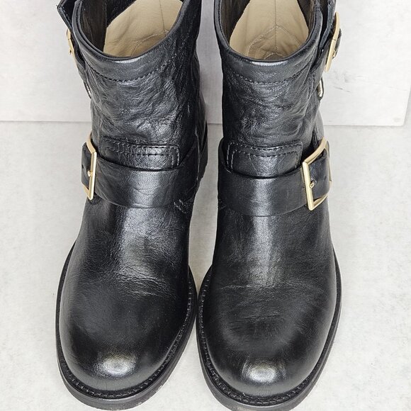 Jimmy Choo Black Biker Leather Unlined Belted Boots BKU 247 with Box Size 37/6.5 - Picture 4 of 10